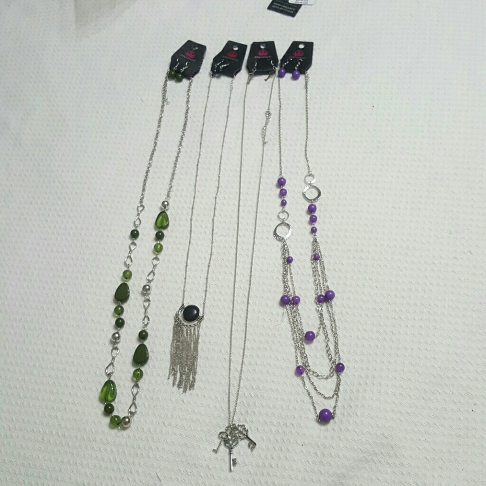 Four Sets Long Necklaces & Matching Earrings